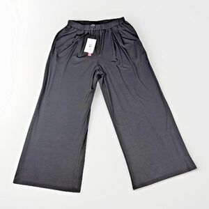 Cider Wide Leg Pants Womens Large Black Ribbed Pleated Elastic Waist NEW